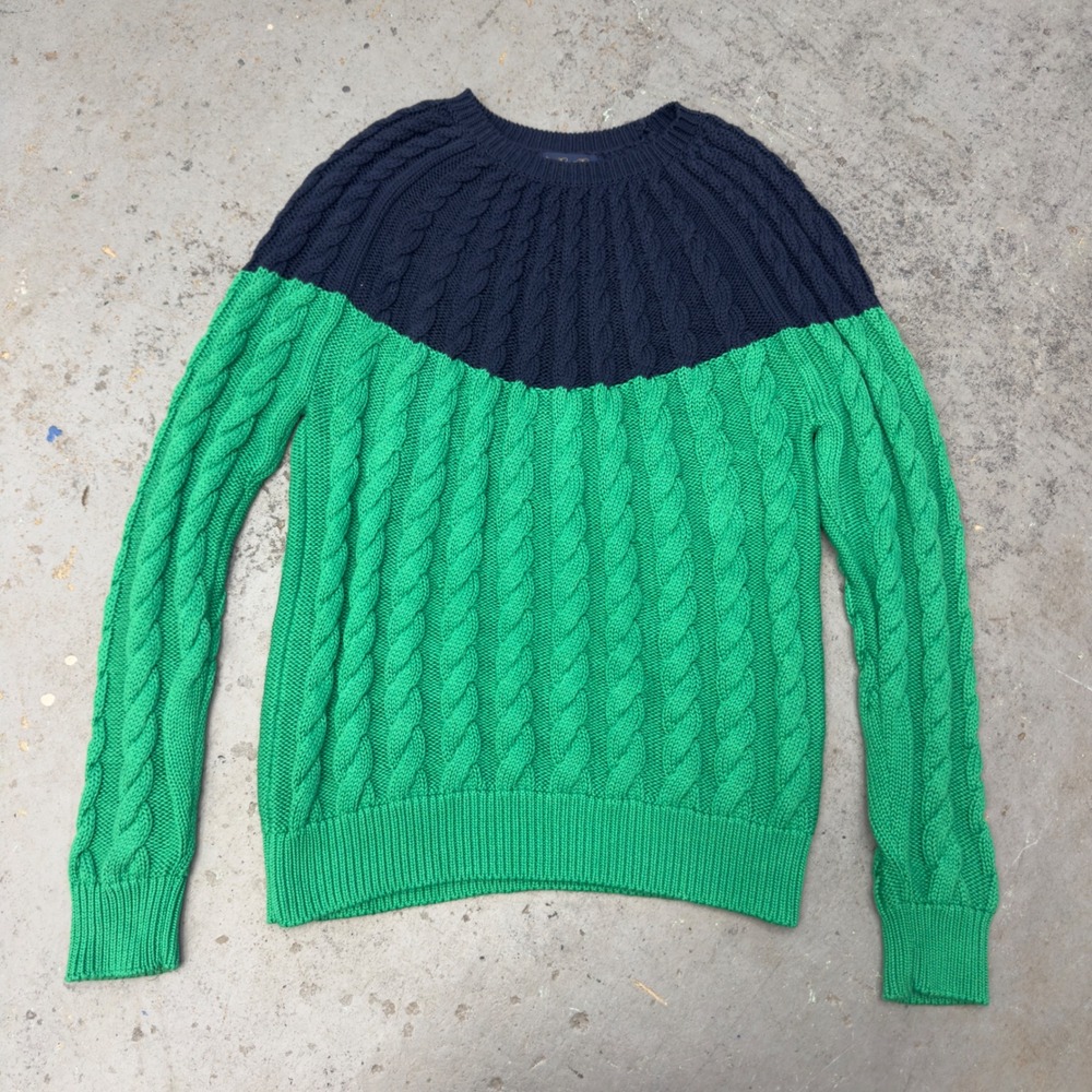 Brooks Brothers XL Supima Cotton Cable Knit Colorblock Sweater Green Navy Blue